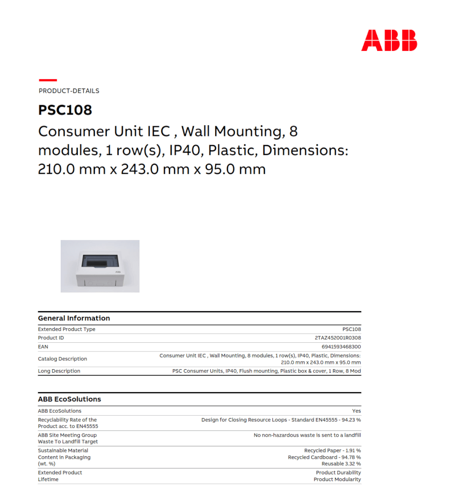 ตู้คอนซูมเมอร์ใส่เบรกเกอร์ 8 ช่อง ABB PSC108 Consumer Unit IEC IP40 Plastic Box & Cover